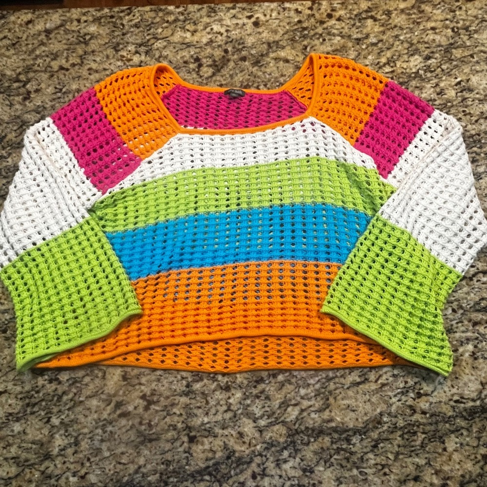 Wild Fable Women XXL Striped Crochet Knit Sweater Multi Color Boho Crop Pullover